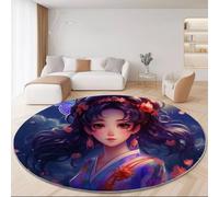 Tapis Rond Antidérapant Traditionnel Style Chinois Fille Animée Imprimer Grand et Léger, Bleu Foncé Lavable en Machine Poils Courts Tapis Rond 150 cm pour Bureau Salle à Manger L'intérieur Décorer