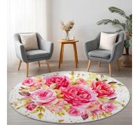 Tapis Rond Aquarelle Plantes Roses Pivoines 100 cm Tapis Chambre avec Bords Cousus, Antidérapant Doux Poils Courts Lavable Salon Convient pour Bureau L'intérieur Décorer - Rose Blanc