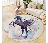 Tapis Rond Aquarelle Rêveuse Lavable Machine, Violet Tapis Imprimé Chevaux Papillons Antidérapant Absorbant, pour Salon Chambre Salle à Manger Nursery Salle de Jeux, 160cm