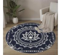 Tapis Rond Art du Mandala Descente De Lit Lotus Moquette Antidérapant Lavable à Poils Ras pour Chambre à Coucher, Salle a Manger, Salon, Table Basse - 100 cm - Bleu Marine