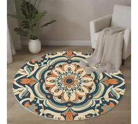 Tapis Rond Art du Mandala Indien Descente De Lit Fleurs Géométriques Moquette Antidérapant Lavable à Poils Ras pour Chambre à Coucher, Salle a Manger, Salon, Table Basse - 100 cm - Beige