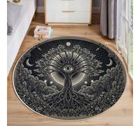 Tapis Rond Art mystérieux, Tapis de Sol Rond antidérapant pour Salon, Tapis de Arbres Soleil et Lune à Faible Hauteur, protège-Sol Circulaire à imprimé Noir pour Bureau L'intérieur (160cm)