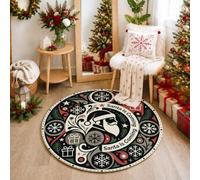 Tapis rond avec citation de Noël Santa is Coming Holiday 0,9 m | Flocons de neige, tapis circulaire, boîtes cadeaux, traditionnel, décoration saisonnière, accents d'entrée d'hiver