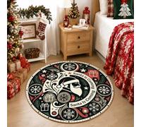 Tapis rond avec citation de Noël Santa is Coming Holiday 1,2 m | Flocons de neige, tapis circulaire, boîtes cadeaux, traditionnel, décoration saisonnière, accents d'entrée d'hiver