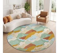 Tapis Rond Beige 200 cm, Naturel Montagnes Salon Doux Poil Ras Tapis | Lavable en Machine Tapis, Plantes Feuilles Oiseau Ligne Dessous Antidérapant Moquette pour Chambre Intérieure Décoration