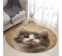 Tapis Rond Beige Gris Chat Tapis Exterieur Rond pour Jardin Terrasse Intérieur Salon Chambre Antidérapant Court en Peluche Doux Lavable en Machine 100 cm