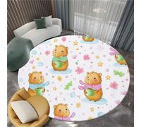 Tapis Rond Blanc Salon, Tapis de Sol Décoratif Mignon Cartoon Animal Capybara Antidérapant et Lavable en Machine pour Salon Chambre Cuisine Balcon Terrasse, 150 cm