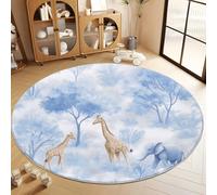 Tapis Rond Bleu-Blanc Salon, Tapis de Sol Décoratif Doux Aquarelle Animaux Plantes Antidérapant et Lavable en Machine pour Salon Chambre Cuisine Balcon Terrasse, 60 cm