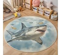 Tapis Rond Bleu Clair Animaux Marins À L'Aquarelle Lavable en Machine, Tapis Interieur Imprimé Requin Petit Poisson Antidérapante Poil Bas, pour Salon Chambre Cuisine Nursery Bureau 120cm