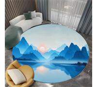 Tapis Rond Bleu Clair Lavable, Tapis Chinois Élégant Montagnes Réducteur de Bruit Facile à Nettoyer - Paillasson Antidérapant Imprimé pour Salon Chambre Bureau (150 cm