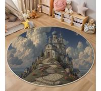 Tapis Rond Bleu Diamètre 180cm, Tapis de Sol Fantaisie Architecture Décoration Antidérapant imprimé Château Colline, pour Salon Chambre Cuisine Salle à Manger Intérieur