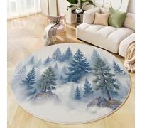 Tapis Rond Bleu pour Interieur, Tapis Imprimé Forêt De Pins Brume Légère Lavable et Antidérapant Fantaisie Éthérée, Facile à Entretenir pour Salon Chambre à Coucher Cheminée 180cm
