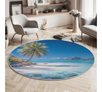 Tapis Rond Bleu pour Interieur, Tapis Imprimé Plages Tropicales Cocotiers Lavable et Antidérapant Photographie De Paysages Naturels, Facile à Entretenir pour Salon Chambre à Coucher Cheminée 180cm