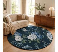 Tapis Rond Bleu Profond 180cm Tapis de Sol à Poils Courts Pivoine Oiseaux Volants Branches Antidérapant Carpette Fleurs Américaines Rétro Moquette pour Salon, Chambre d'enfant ou Bureau Décoration