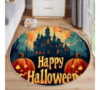 Tapis Rond Bleu-Vert 100cm, Tapis Salon Fantômes Châteaux Citrouilles Lavable | Doux Poil Ras Avec Dessins Animés D'Halloween, Dessous Antidérapant Pour Chambre à Coucher, Entrée, Salle à Manger