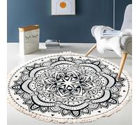 Tapis Rond Bohème À Pompons - Tapis Rond Doux En Imitation Coton Et Lin À Poils Courts, Antidérapant Et Lavable, Motif Géométrique Ethnique Pour Salon Chambre Entrée Ou Chambre, 100cm/39.4in-U