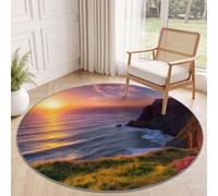Tapis Rond Bord De Mer Paysage 60 cm, Falaises Vagues Coucher De Soleil Prairie Lavable en Machine pour Salon, Antidérapant, Tapis Imprimé pour Salle à Manger, Chambre d’Enfant, Nurserie, Orange Bleu