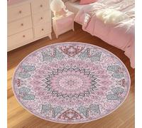 Tapis Rond,Bordure Traditionnelle Vintage à Motif Floral Oriental Bleu Sarcelle, Rose, ø 190 cm, Large Rugs for Living Room Lounge Home Decor Carpets Floor Protection Mat,