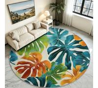 Tapis Rond Botanique Monstera Salon, Poil Court Antidérapant 60 cm | Feuillage Tropical Exotique Ton Vert Vif, Toucher Doux Antisalissure, Lavable en Machine, Idéal Entrée, Bureau et Séjour