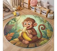 Tapis Rond Brun 100cm, Tapis de Sol Imprimé Singe Banane Antidérapant Doux, Dessins Animés Animaux Décoration pour Salon Chambre Cuisine et Salle à Manger Zone d’étude