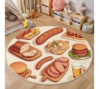 Tapis Rond Brun Lavable en Machine, Antidérapant Dessins Animés Nourriture Douce Pile Courte Bière Saucisse Imprimé Tapis, pour Salon Chambre d'enfant Salle de Bain Entrée 120cm
