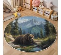 Tapis Rond Brun pour Interieur, Tapis Imprimé Ours Grizzly Ruisseau Montagne Lavable et Antidérapant Nature Faune Sauvage, Facile à Entretenir pour Salon Chambre à Coucher Cheminée 90cm