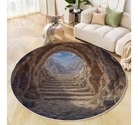 Tapis Rond Brun Sable Diamètre 180cm, Tapis de Sol Style Architectural Rétro Décoration Antidérapant imprimé Briques Arches en Pierre, pour Salon Chambre Cuisine Salle à Manger Intérieur