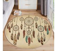 Tapis Rond Brun Style Ethnique Bohème Lavable en Machine, Tapis Interieur Imprimé Attrape-Rêves Plumes Antidérapante Poil Bas, pour Salon Chambre Cuisine Nursery Bureau 160cm