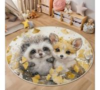 Tapis Rond Chambre Enfant Bebe Fille Garcon Hérisson, écureuil, feuille de ginkgo Lavable en Machine Illustrations d'animaux pour Décoration Salle à Manger Chambre Canapé Chambres d'enfant Jaune