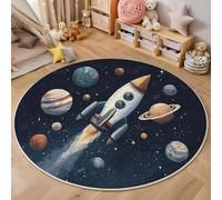 Tapis Rond Chambre Enfant Bebe Fille Garcon Planète fusée Lavable en Machine Style de peinture à l'huile spatiale pour Décoration Salle à Manger Chambre Canapé Cuisine Chambres d'enfant Bleu foncé