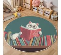 Tapis Rond Chat Mignon Pile De Livres Lavable Tapis Animal De Dessin Animé Poils Courts, Moquette Doux Et Antidérapant Diamètre Vert Foncé Facile D'Entretien, Paillasson 180 Cm Pour Salon Chambre