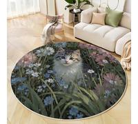 Tapis Rond Chats Parterres Fleurs Peintures L'Huile 100 Cm, Lavable En Machine Pour Salon, Ne Perd Pas Ses Poils, Antidérapant | Tapis Paysage Rustique Pour Chambre À Coucher Chambre D'Enfant, Vert