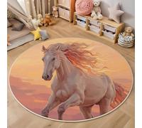 Tapis Rond Cheval Réaliste Au Galop, Poils Courts Pliable Animaux Illustration Couleur Orange Tapis, Lavable en Machine et Facile d'entretien, pour Cuisine Salon Salle à Manger - 160cm