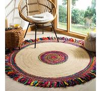 Tapis Rond Chindi tressé à la Main en Jute et Coton, tissé à la Main à partir de Tissu Multicolore aux Couleurs Vives, Tapis bohème coloré pour décoration d'intérieur (150 x 150 cm, Rond)