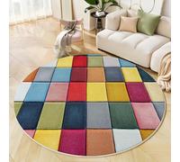 Tapis Rond Coloré Lavable en Machine, Antidérapant Abstraction Géométrie Douce Pile Courte Carrés Textures Imprimé Tapis, pour Salon Chambre d'enfant Salle de Bain Entrée 150cm