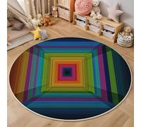 Tapis Rond Coloré Lavable en Machine, Antidérapant Illusion D'Optique Douce Pile Courte Carré Lignes Imprimé Tapis, pour Salon Chambre d'enfant Salle de Bain Entrée 100cm