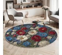 Tapis Rond Coquelicot Vintage Parterre De Fleurs 80 Cm, Lavable En Machine Pour Salon, Ne Perd Pas Ses Poils, Antidérapant | Tapis Plante Réaliste Pour Chambre À Coucher Chambre D'Enfant, Bleu Marine