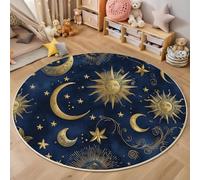 Tapis Rond Corps Céleste Soleil, Tapis D'Intérieur Antidérapant, Durable Et Lavable, Lune Et Étoiles, Convient pour Le Salon, La Chambre, Cuisine Ou Salle À Manger - Bleu Foncé - 160 Cm Rond