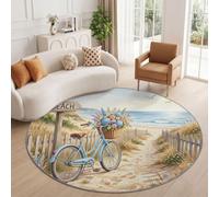 Tapis Rond Cotier Pastoral 90 cm, Velo Panier De Fleurs Cloture en Bois Plage Lavable en Machine pour Salon, Antidérapant, Tapis Imprimé pour Salle à Manger, Chambre d’Enfant, Nurserie, Bleu