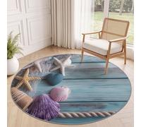 Tapis Rond Cotier Rustique 60 cm, Etoile De Mer Coquillages Filet De Peche Corde Lavable en Machine pour Salon, Bleu Blanc Antidérapant, Poil Court Tapis Rond Imprimé pour Chambre d’Enfant Nurserie