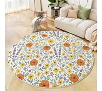 Tapis Rond Couleur Orange 160cm, Tapis de Sol Imprimé Coquelicot Marguerite Antidérapant Doux, Fleurs Style Pastoral Décoration pour Salon Chambre Cuisine et Salle à Manger Zone d’étude