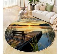 Tapis Rond Couleur Orange Paysages Réalistes Naturels Lavable en Machine, Tapis Interieur Imprimé Jetée Banc Antidérapante Poil Bas, pour Salon Chambre Cuisine Nursery Bureau 100cm