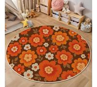 Tapis Rond Couleur Orange pour Interieur, Tapis Imprimé Nostalgie Fleurs Lavable et Antidérapant Rétro Mode, Facile à Entretenir pour Salon Chambre à Coucher Cheminée 100cm