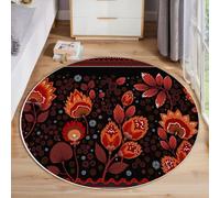 Tapis Rond Couleur Orange pour Salon 160cm, Antidérapant Lavable Traditionnel Floral Géométrique Imprimé Décoration Plantes Style Indien Tapis, pour Chambre Cuisine Balcon Terrasse Moquette