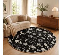 Tapis Rond Crâne Croissant De Lune Chat Noir Salon Chambre 80cm | Poils Courts, Art Sombre Et Mystérieux, Super Doux, Lavable Et Antidérapant Tapis Rond Pour Chambre D’enfant, Salle à Manger, Noir