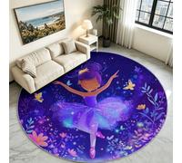 Tapis Rond Danseuse et Papillon Salon, Poil Ras Lavable en Machine 100 cm | Danseuse Étoile et Papillons Fond Bleu, Doux sans Peluche, Lavable en Machine, Tapis Idéal Chambre Fille et Espace Jeu