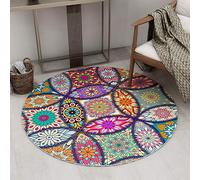 Tapis rond de 70 cm - Motif géométrique rétro - Fleurs multicolores - Vert - Pour salon, chambre à coucher, chevet, décoration d'intérieur