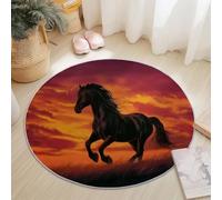Tapis rond de 90 cm pour salon, chambre d'enfant, chambre d'enfant - Motif cheval noir et coucher de soleil naturel - Rouge/orange
