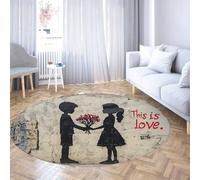 Tapis rond de buanderie Tapis de sol circulaire antidérapant lavable - Graffiti « this Is Love » Silhouette d’enfants avec coeur rouge Doux à poils ras Vintage Wall Texture Nursery/Bedroom 120cm