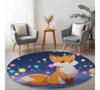 Tapis Rond de Chambre 120 cm Doux Imprimé Dessin Animé, Tapis Rond de Salon Antidérapant Lavable Decor Animaux Renards Ciel Étoilé - Moquette pour Salle de séjour Chambre d'enfant Salle de Jeu